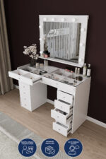 DF02115B Pera Camlı Aynalı Spot Işıklı Makyaj Masası 120 Cm Çekmeceli, Bölmeli, Yatak Odası Düzenleyici