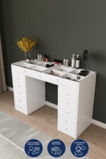 DF02116B Arel Üstü Camlı 12 Çekmeceli Makyaj Masası, Bölmeli Üst Çekmeceli Geniş Depolama Alanı