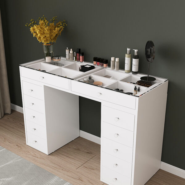 DF02116B Arel Üstü Camlı 12 Çekmeceli Makyaj Masası, Bölmeli Üst Çekmeceli Geniş Depolama Alanı