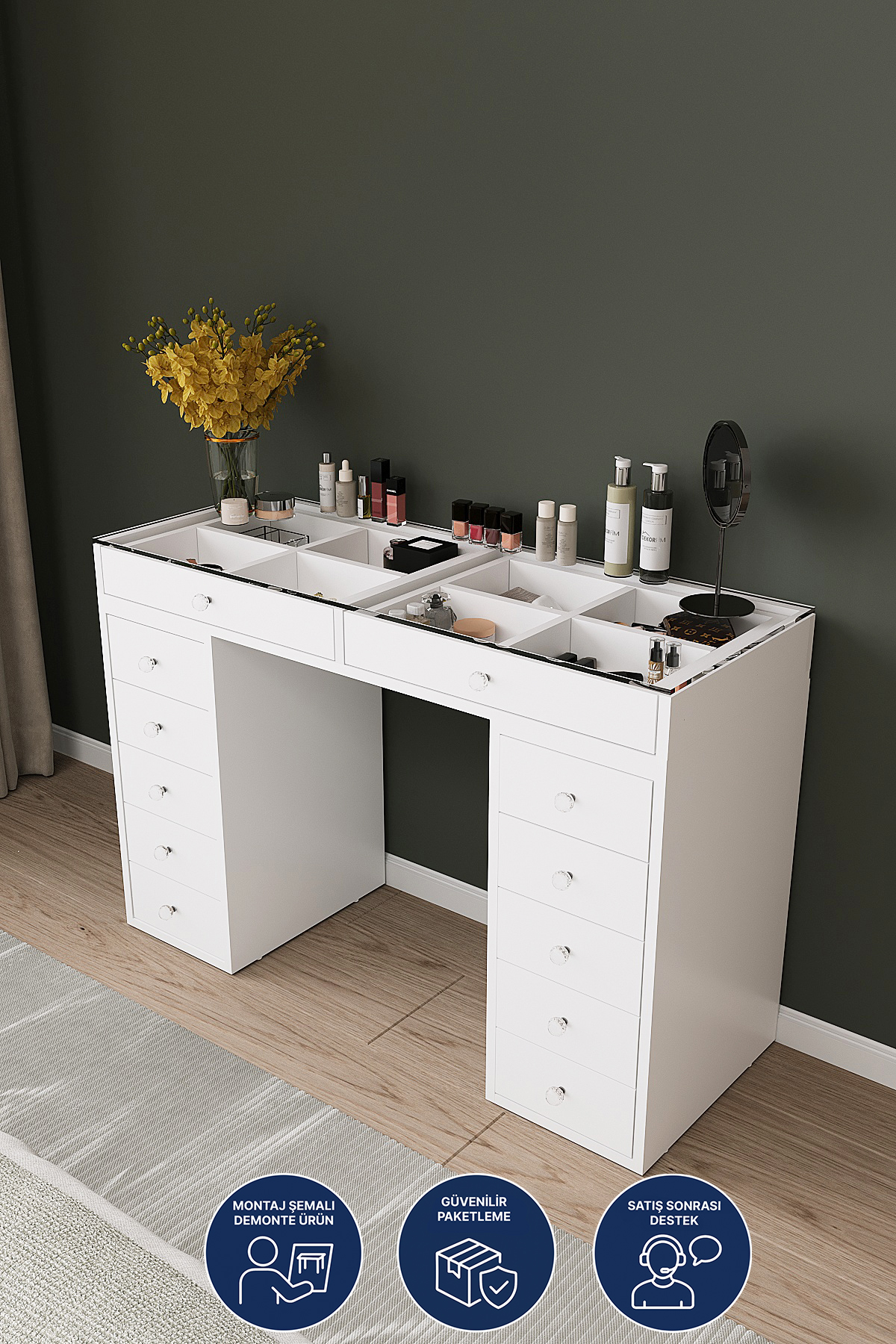 1 DF02116B Arel Üstü Camlı 12 Çekmeceli Makyaj Masası, Bölmeli Üst Çekmeceli Geniş Depolama Alanı - Görsel 1