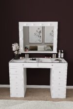 DF02115B Pera Camlı Aynalı Spot Işıklı Makyaj Masası 120 Cm Çekmeceli, Bölmeli, Yatak Odası Düzenleyici - Görsel 2