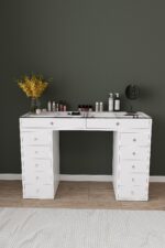 DF02116B Arel Üstü Camlı 12 Çekmeceli Makyaj Masası, Bölmeli Üst Çekmeceli Geniş Depolama Alanı - Görsel 2