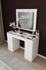 DF02115B Pera Camlı Aynalı Spot Işıklı Makyaj Masası 120 Cm Çekmeceli, Bölmeli, Yatak Odası Düzenleyici - Görsel 3
