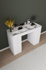 DF02116B Arel Üstü Camlı 12 Çekmeceli Makyaj Masası, Bölmeli Üst Çekmeceli Geniş Depolama Alanı - Görsel 3