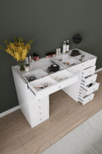 DF02116B Arel Üstü Camlı 12 Çekmeceli Makyaj Masası, Bölmeli Üst Çekmeceli Geniş Depolama Alanı - Görsel 4