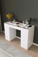 DF02116B Arel Üstü Camlı 12 Çekmeceli Makyaj Masası, Bölmeli Üst Çekmeceli Geniş Depolama Alanı - Görsel 6