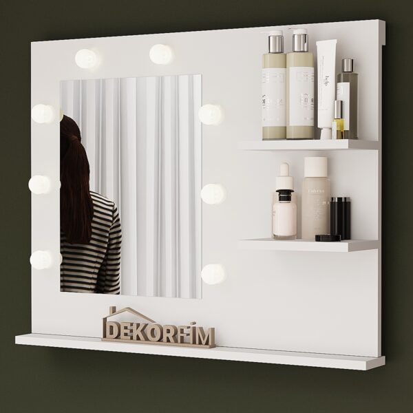 DF06103 Raflı Dekoratif Kulis Işıklı Duvar Aynası Makyaj Masası Aynası