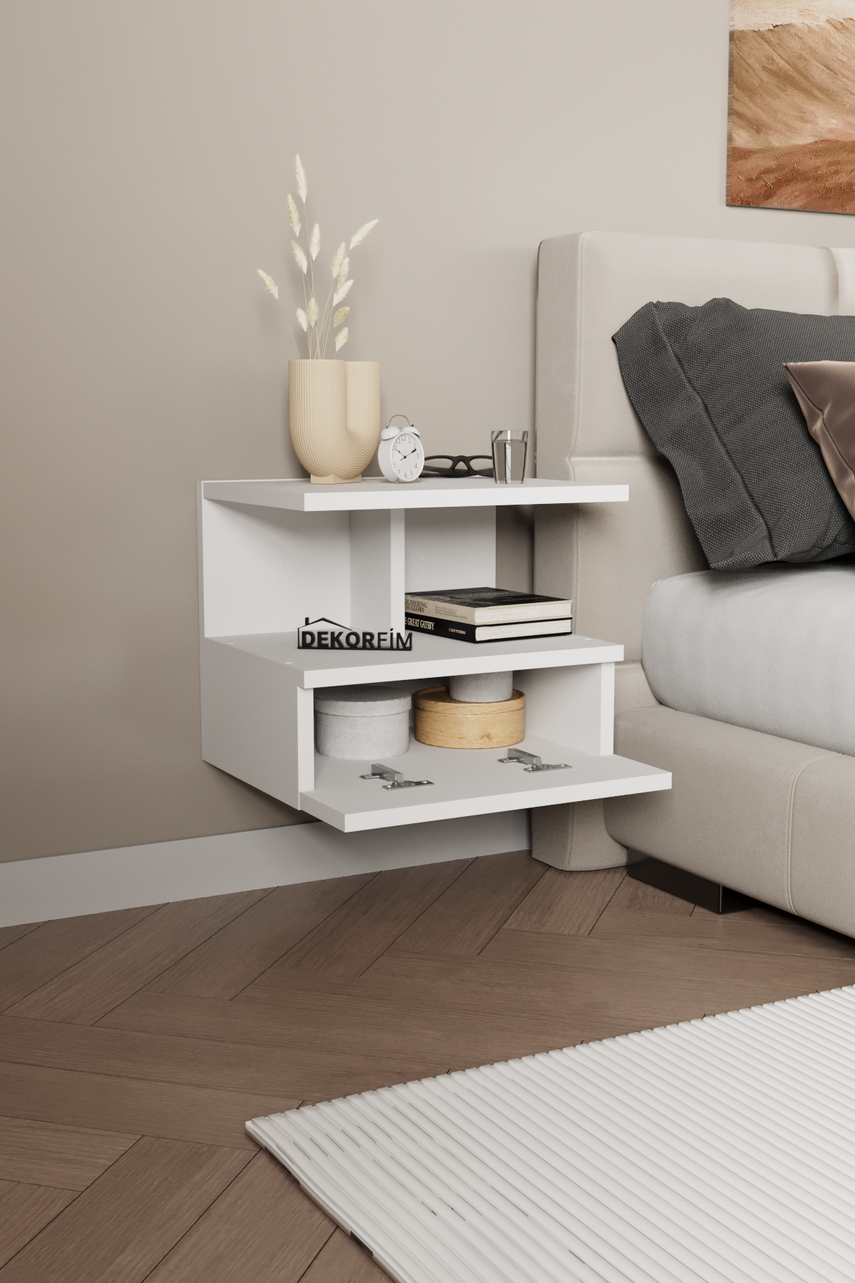 BEYAZ 1 DF12101 Flora Duvara Monte Yatak Odası Başucu Komodin - Görsel 1