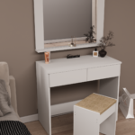 DF02109B Sakura Aynalı Puflu Beyaz Makyaj Masası