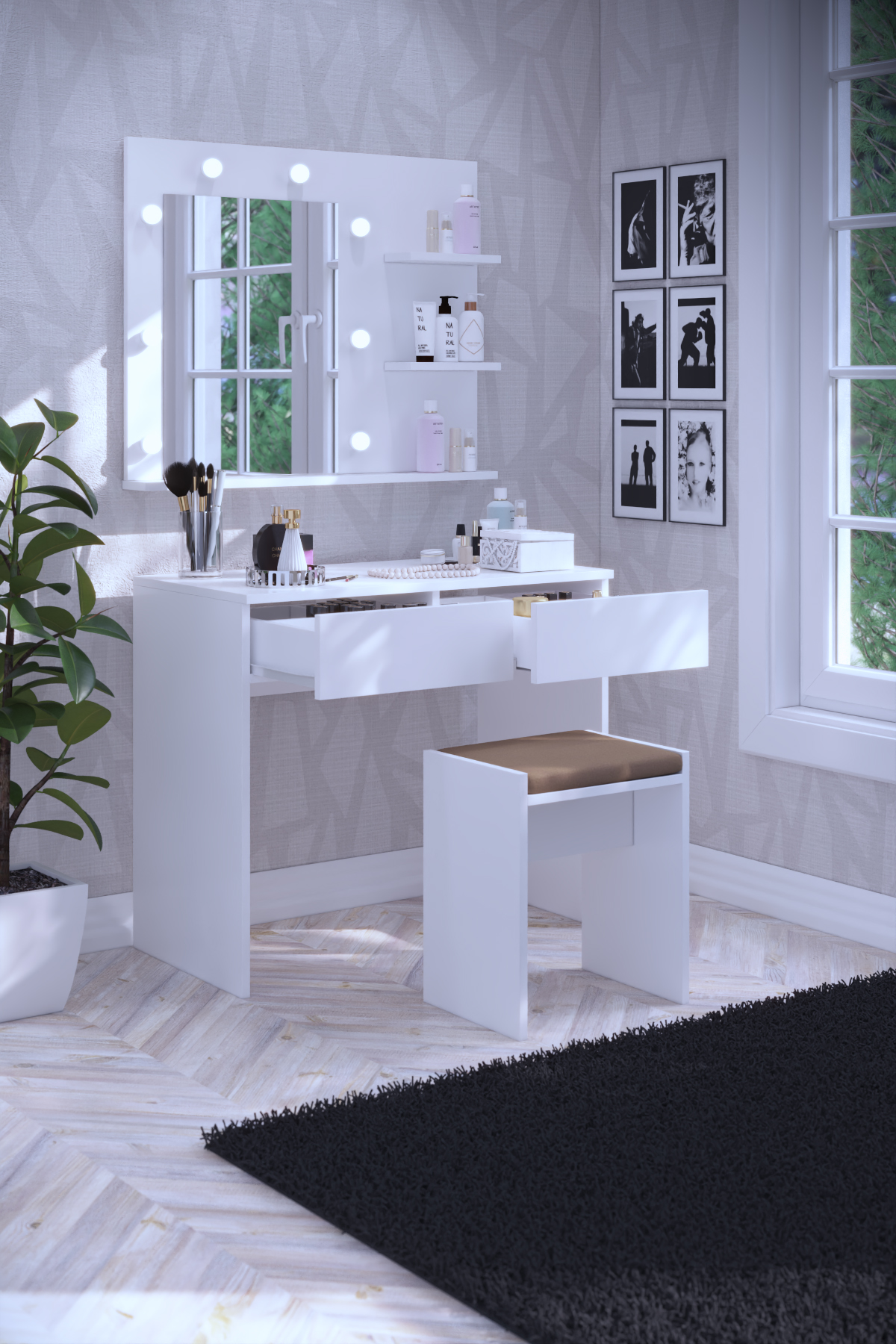 bz1 DF02104 Tokyo Puflu Çekmeceli Hollywood Işıklı Aynalı Makyaj Masası - Görsel 1