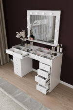 DF02115B Pera Camlı Aynalı Spot Işıklı Makyaj Masası 120 Cm Çekmeceli, Bölmeli, Yatak Odası Düzenleyici - Görsel 6