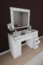 DF02115B Pera Camlı Aynalı Spot Işıklı Makyaj Masası 120 Cm Çekmeceli, Bölmeli, Yatak Odası Düzenleyici - Görsel 8